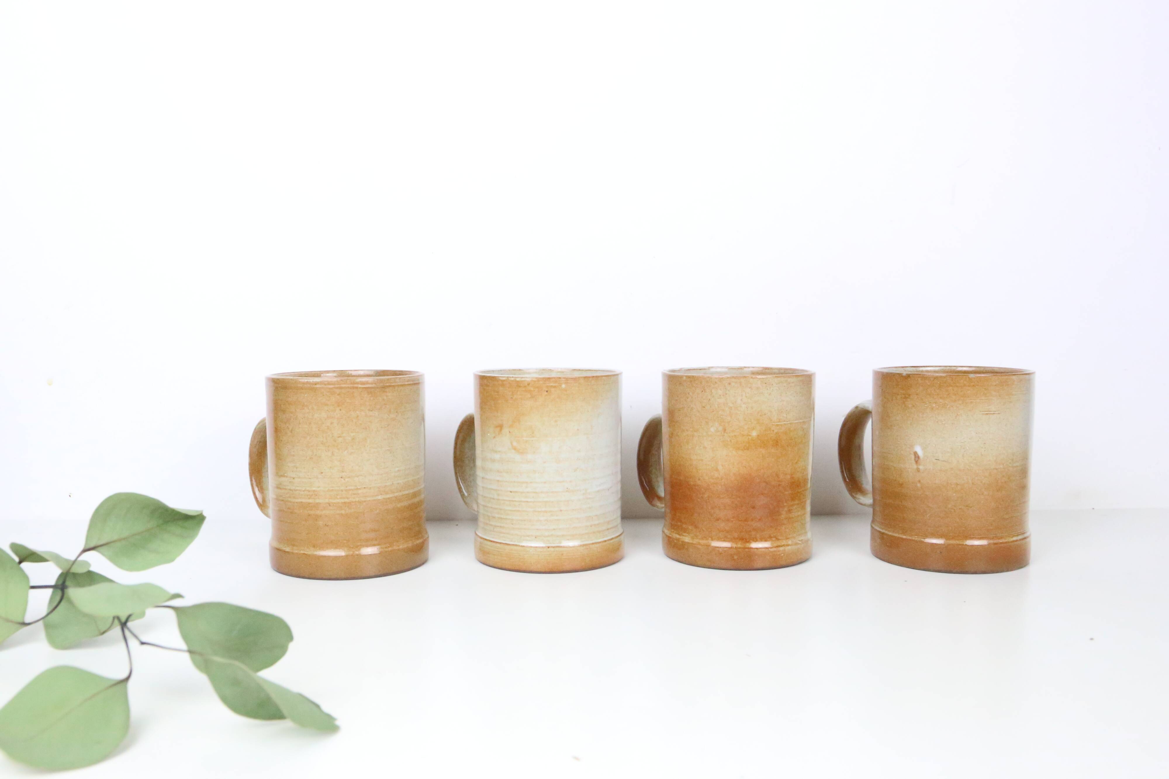 Set of 4 stoneware mugs, artisanal pottery, 1980