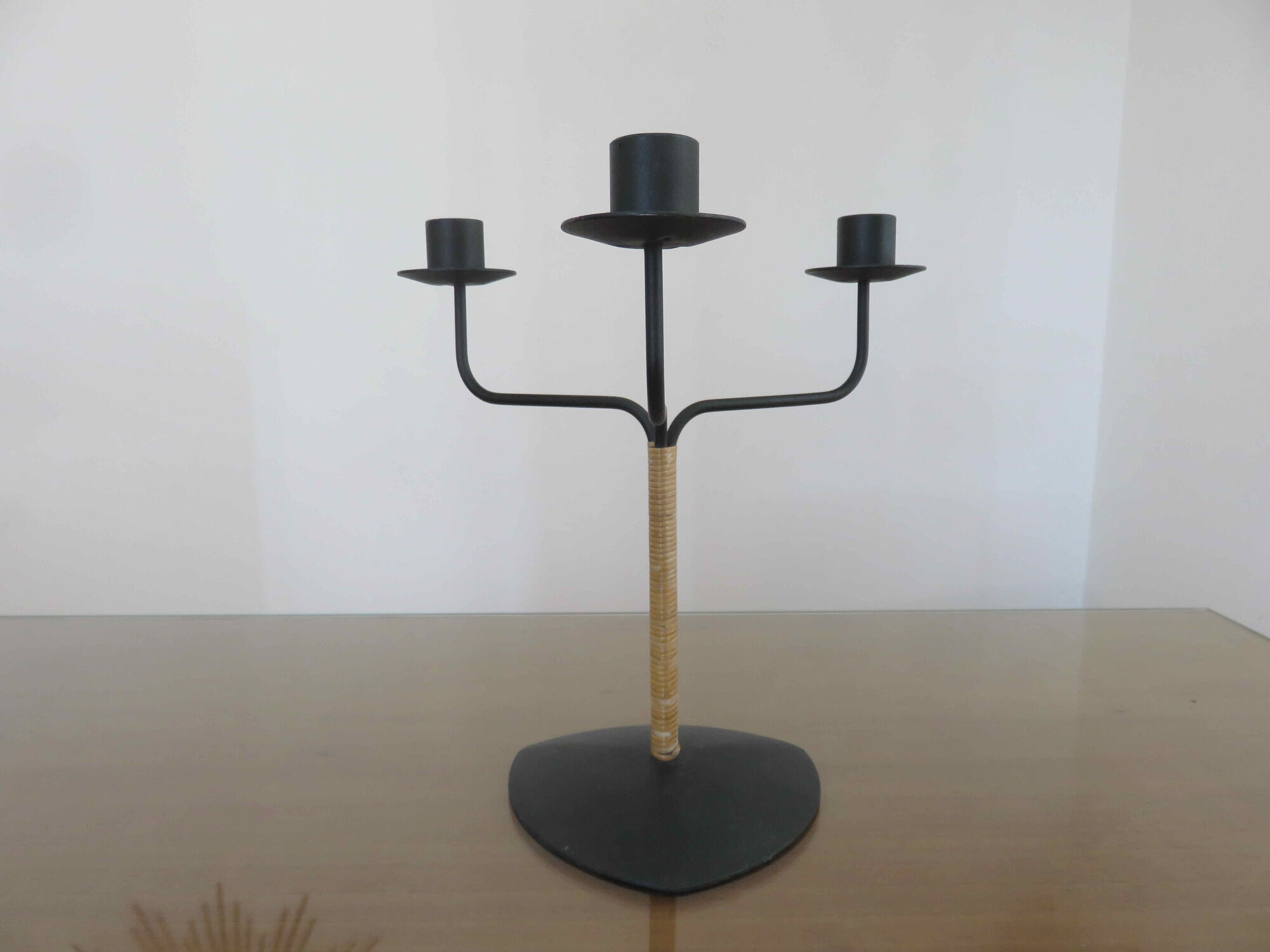 Scandinavian candle holder Laurids Lonborg in metal and rattan 50s 60s