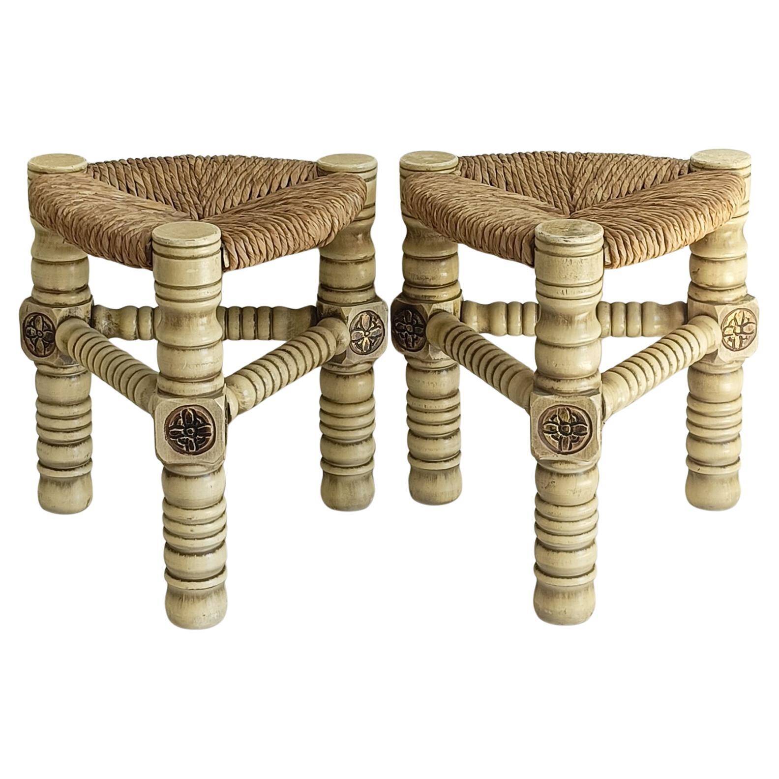 Brutalist Hand-Carved Wood and Fiber Stools, Belgium, Circa 1960s