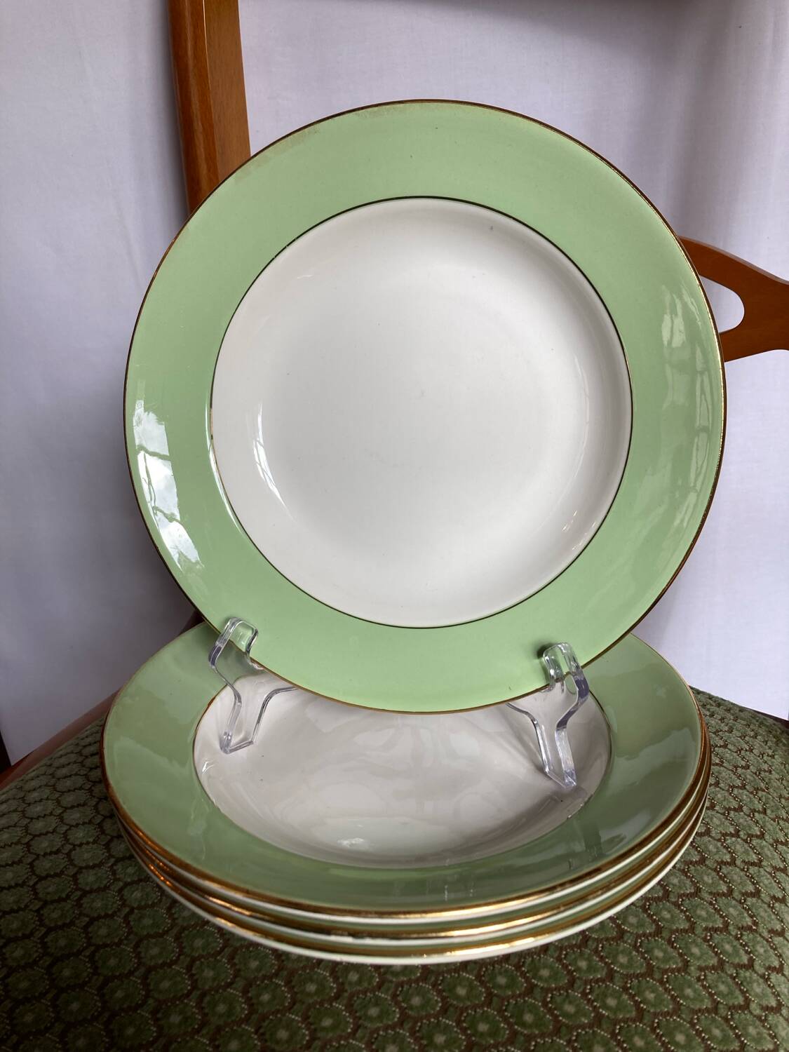 L'Amandinoise (St Amand) green soup plates with gold edging