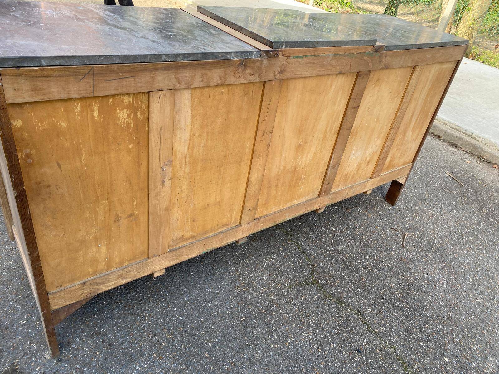Renovated art deco sideboard in solid raw oak and gray marble 186cm