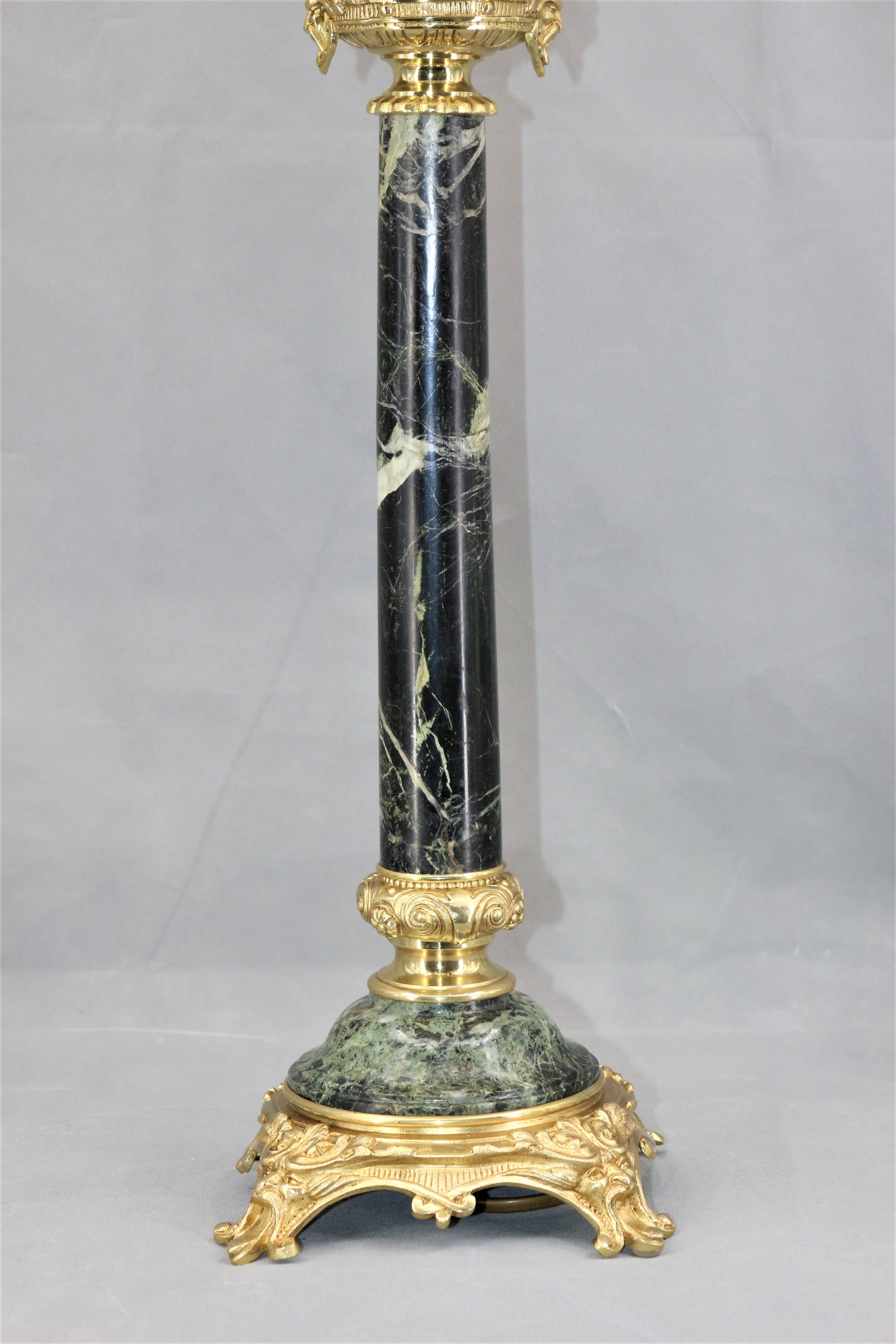 Lamp in gilded bronze & veined water green marble & pleated lampshade