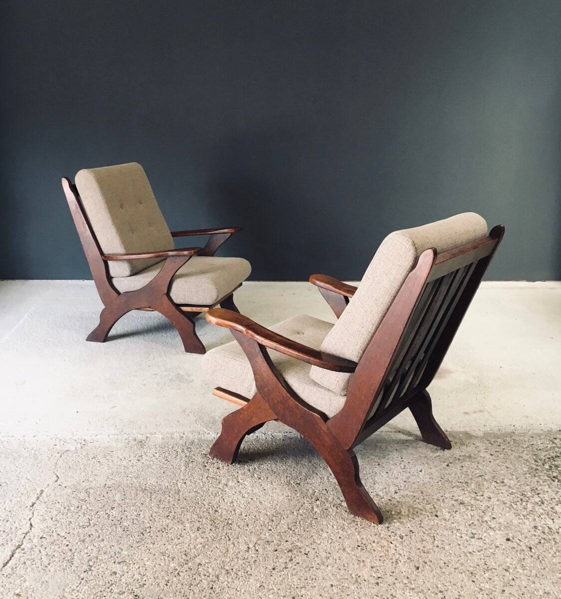 Rustic X Frame Lounge Chairs, Belgium, 1950s, Set of 2