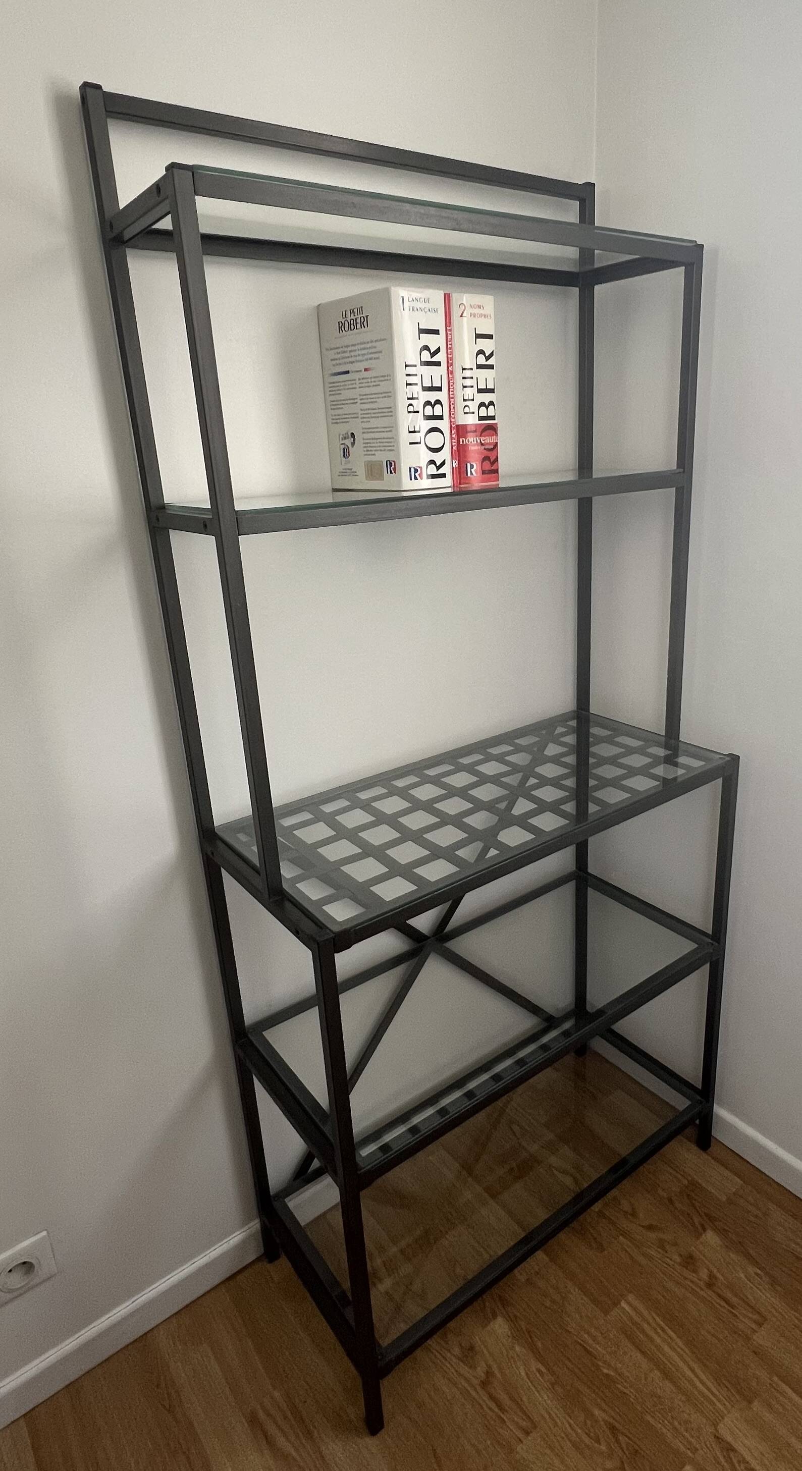 Black metal designer shelf with glass shelves