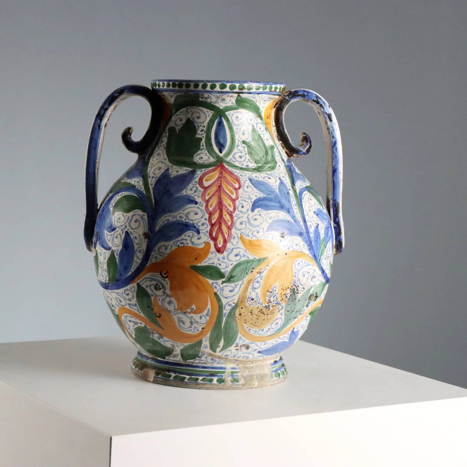 Ancient amphora in hand-painted majolica, Italy, 20th century