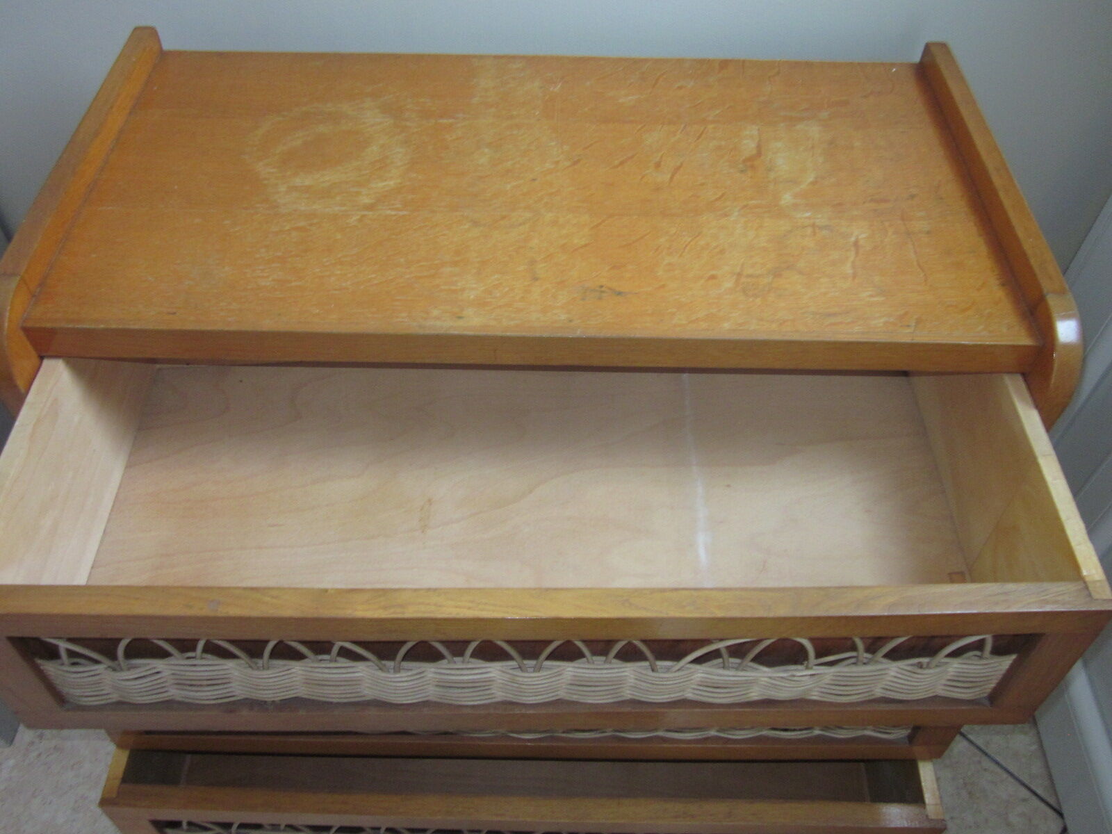 Vintage wood and rattan dresser