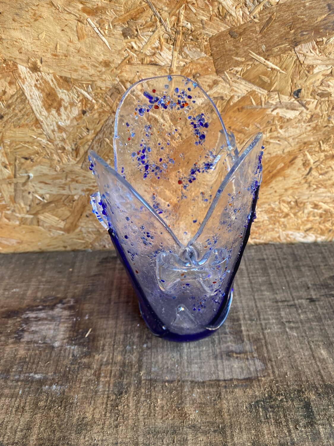 Vintage Blue & Transparent Layered Glass Inlaid Design Vase