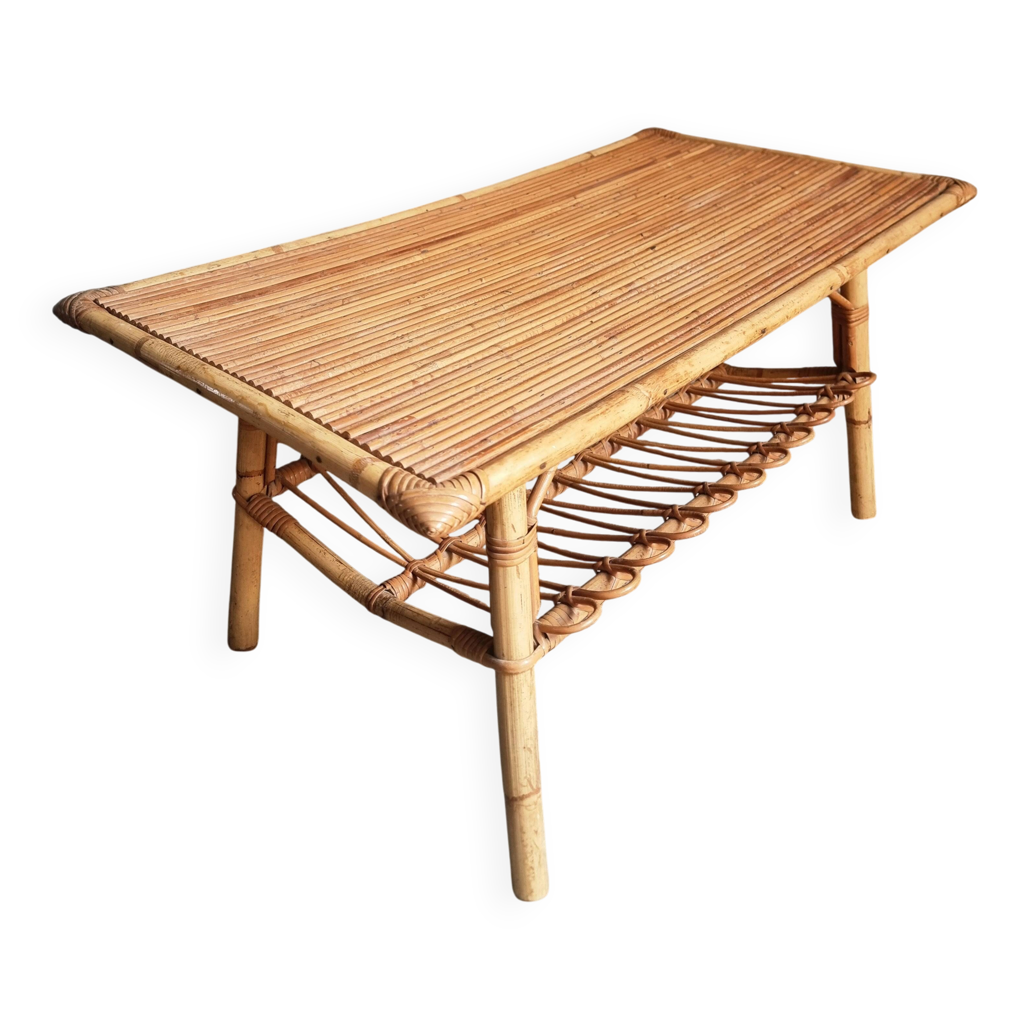 Vintage bamboo and rattan coffee table with magazine rack, French, circa 1960–1970.