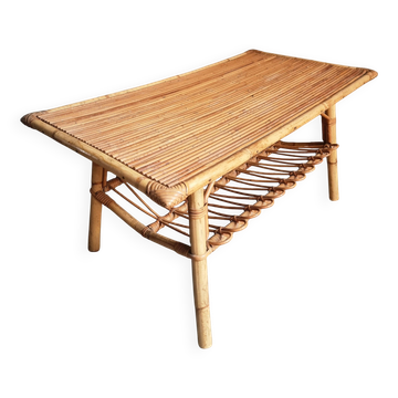 Vintage bamboo and rattan coffee table with magazine rack, French, circa 1960–1970.