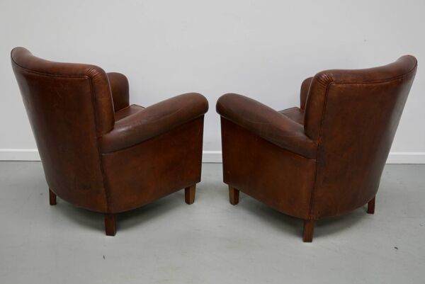 Fauteuils de club en cuir couleur cognac néerlandais vintage, ensemble de 2