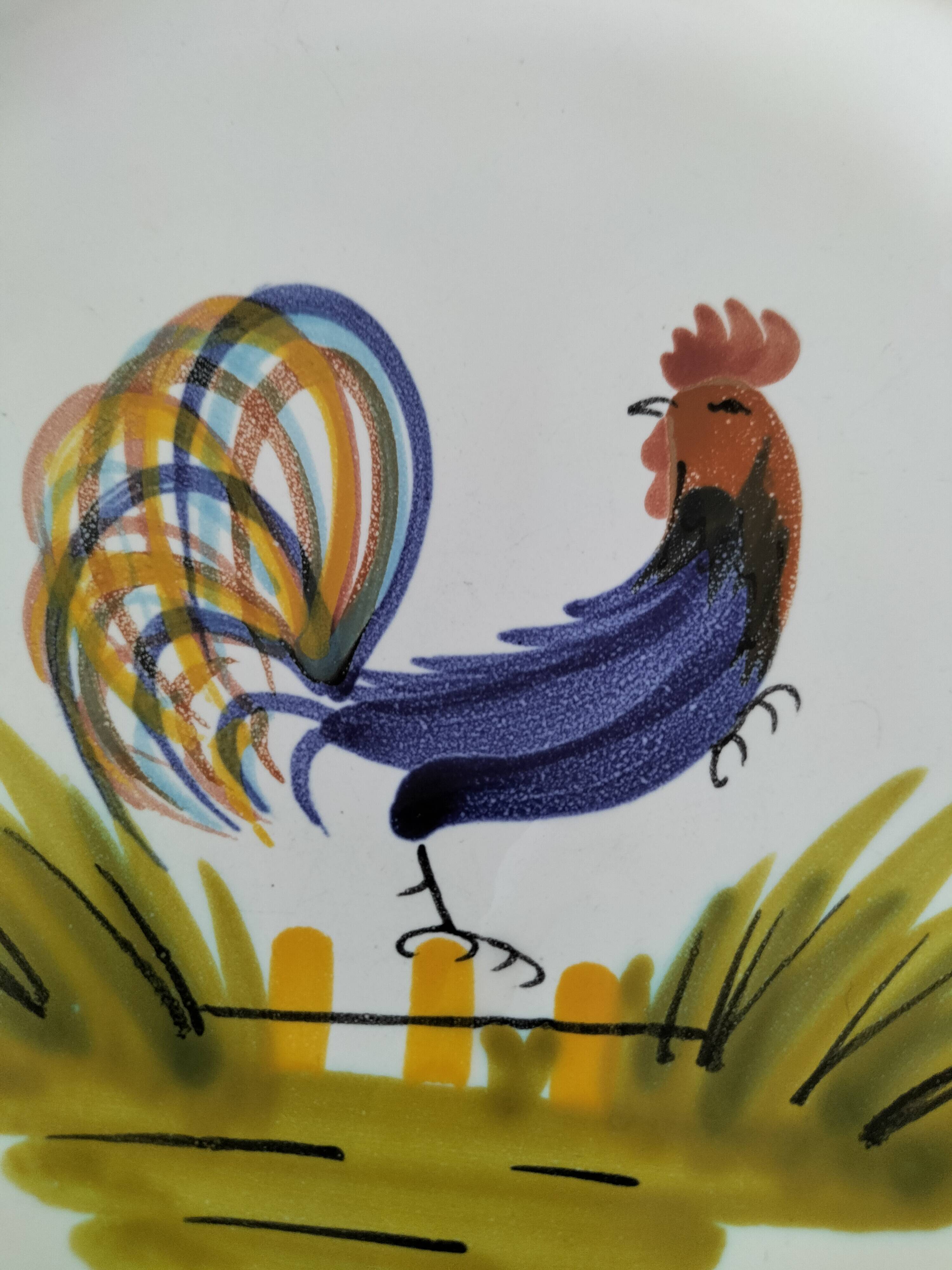 Hand-painted earthenware plate from Pornic, vintage rooster design