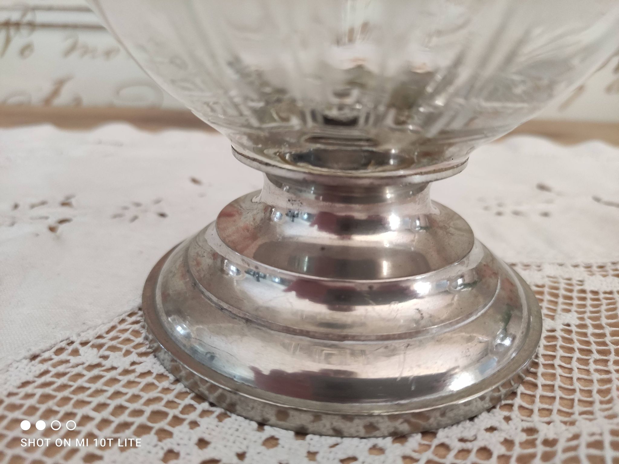 Old water decanter in curved glass and tin Art Nouveau style