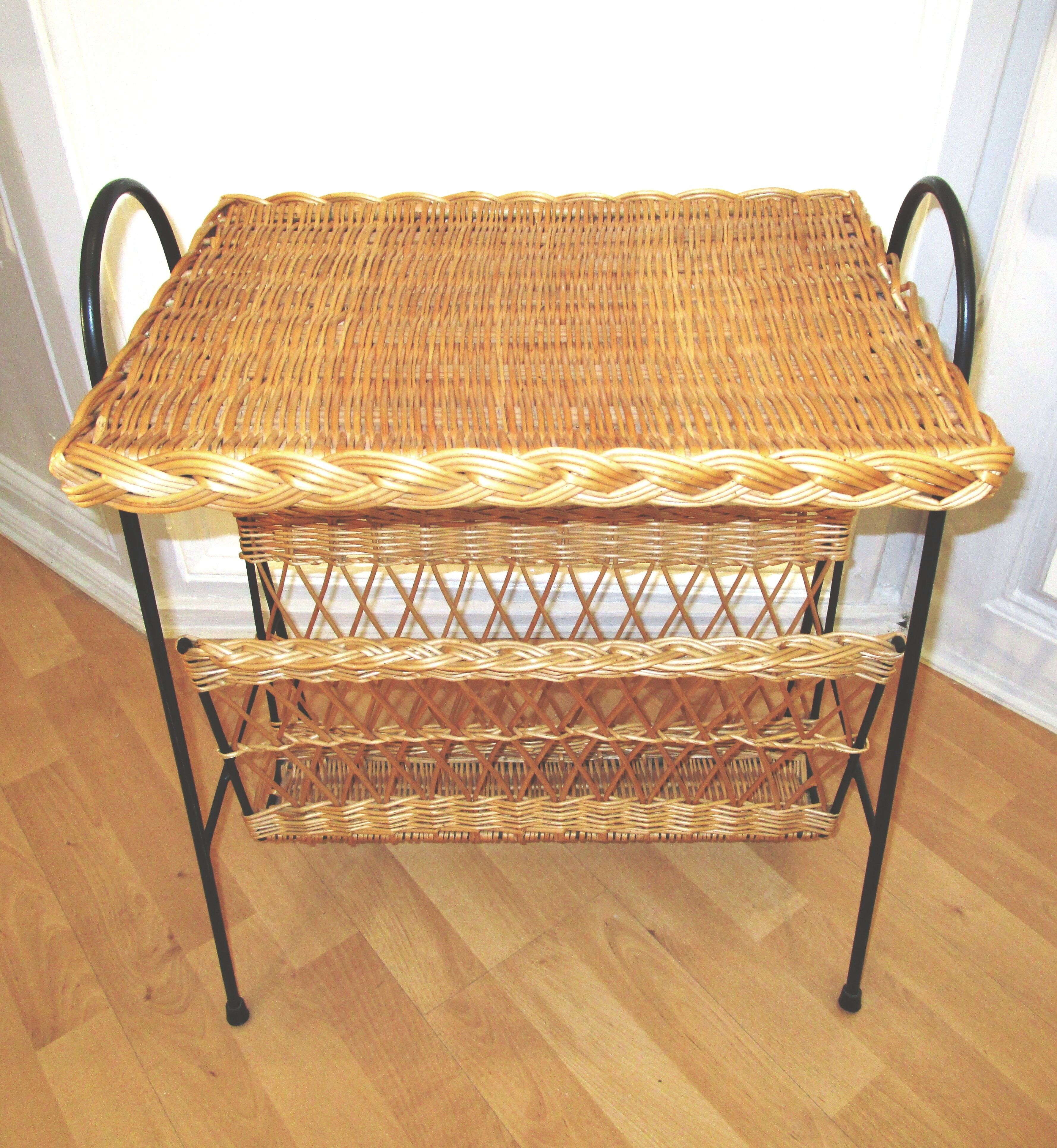 Wicker and wrought iron vintage magazine table 50s