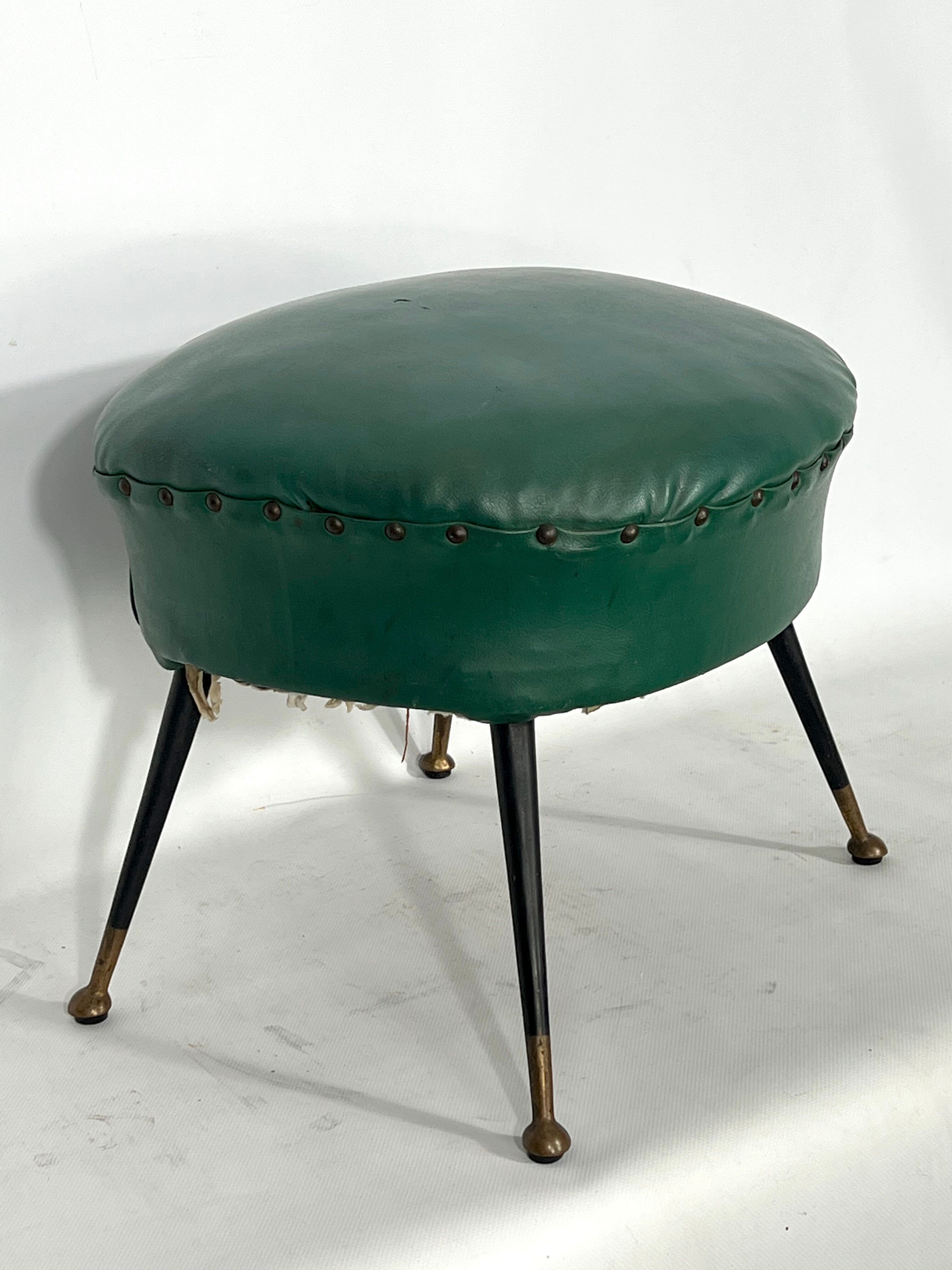 Vintage Italian green leatherette pouf with brass feet from 50s