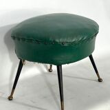 Vintage Italian green leatherette pouf with brass feet from 50s