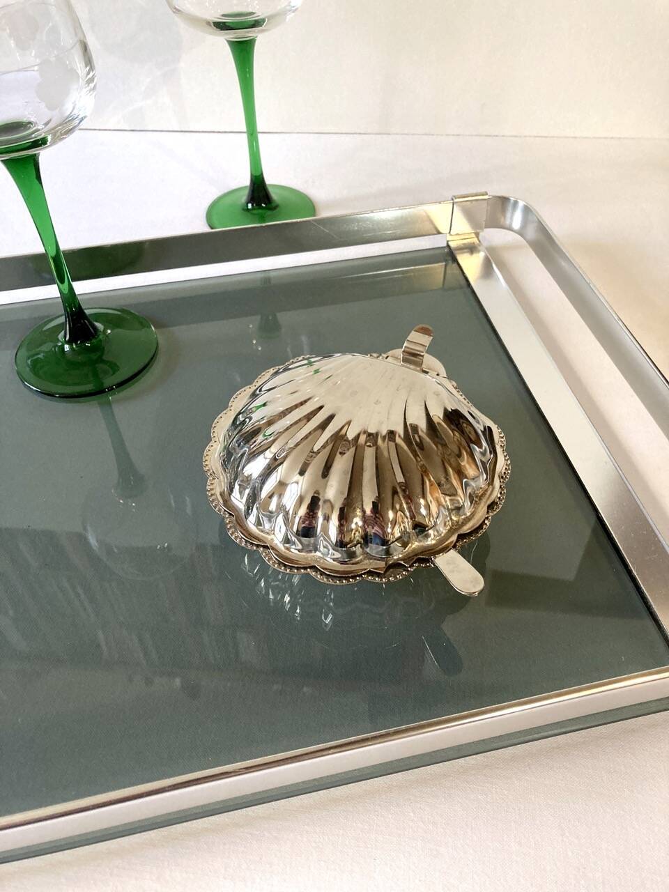 Silver-plated metal shell butter dish, 1950s