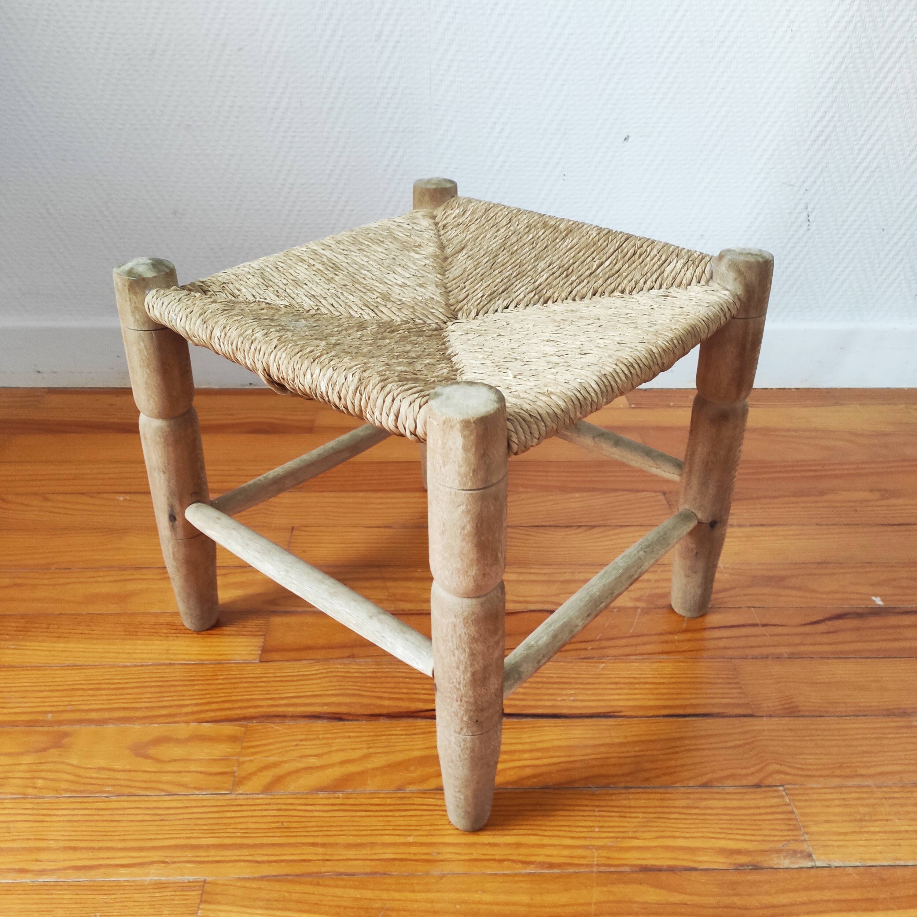 Vintage low stool 60s straw seat