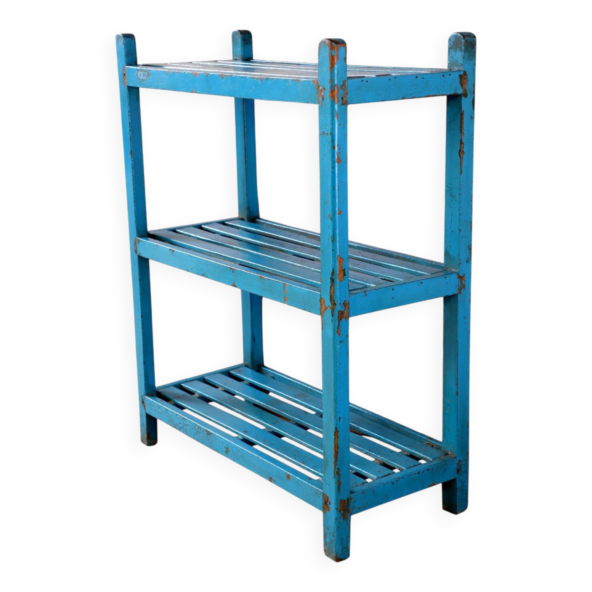 Teak shelf with original blue patina.