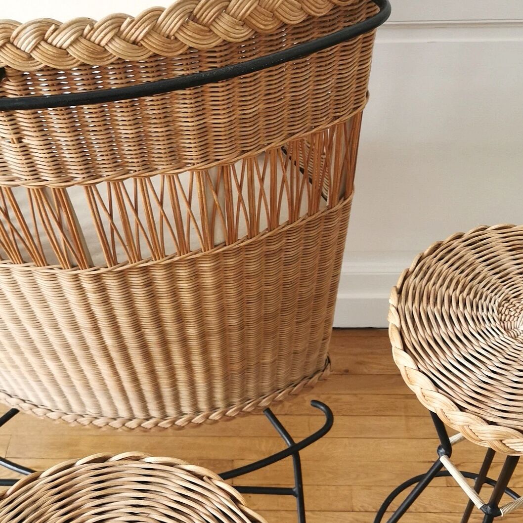 Bar and its 2 rattan stools, 1950