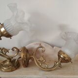 Pair of brass wall sconces and glass tulip, art nouveau style