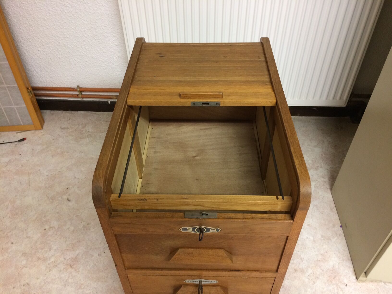 Old curtain oak wheeled box 1950