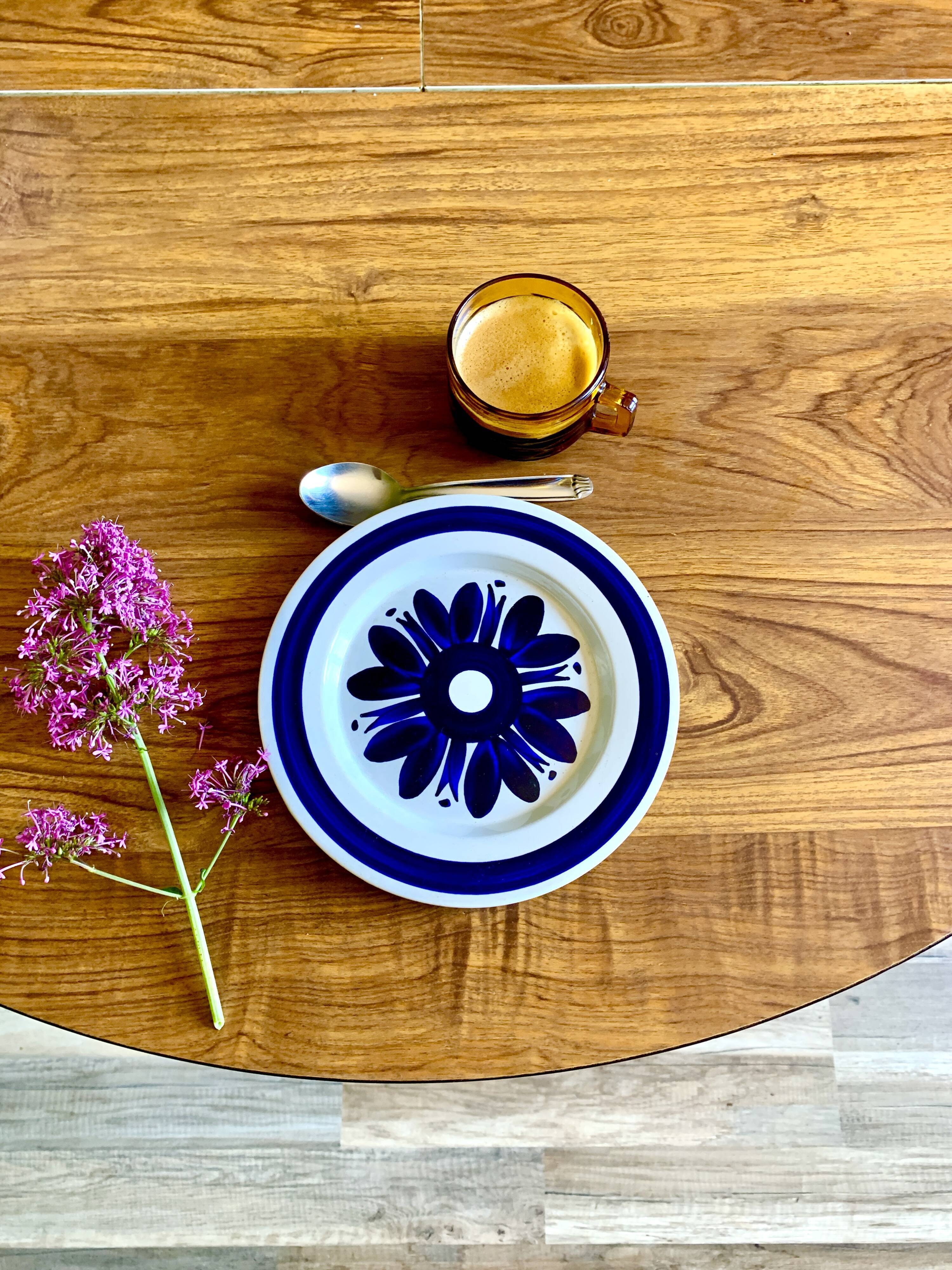 6 white vintage plates with blue flowers
