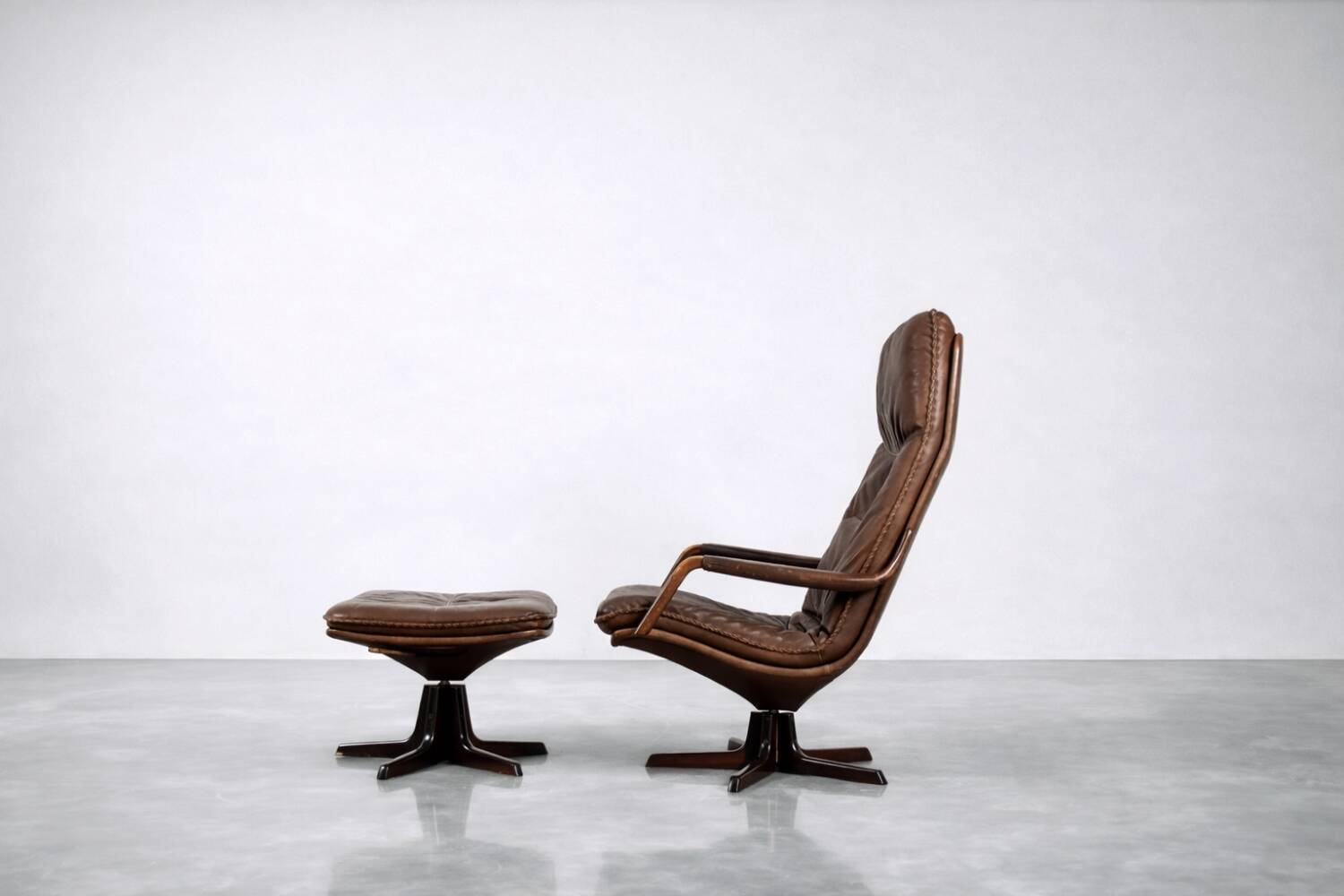 Vintage Mid-Century Danish Modern Leather Adjustable Easy Chair and Ottoman