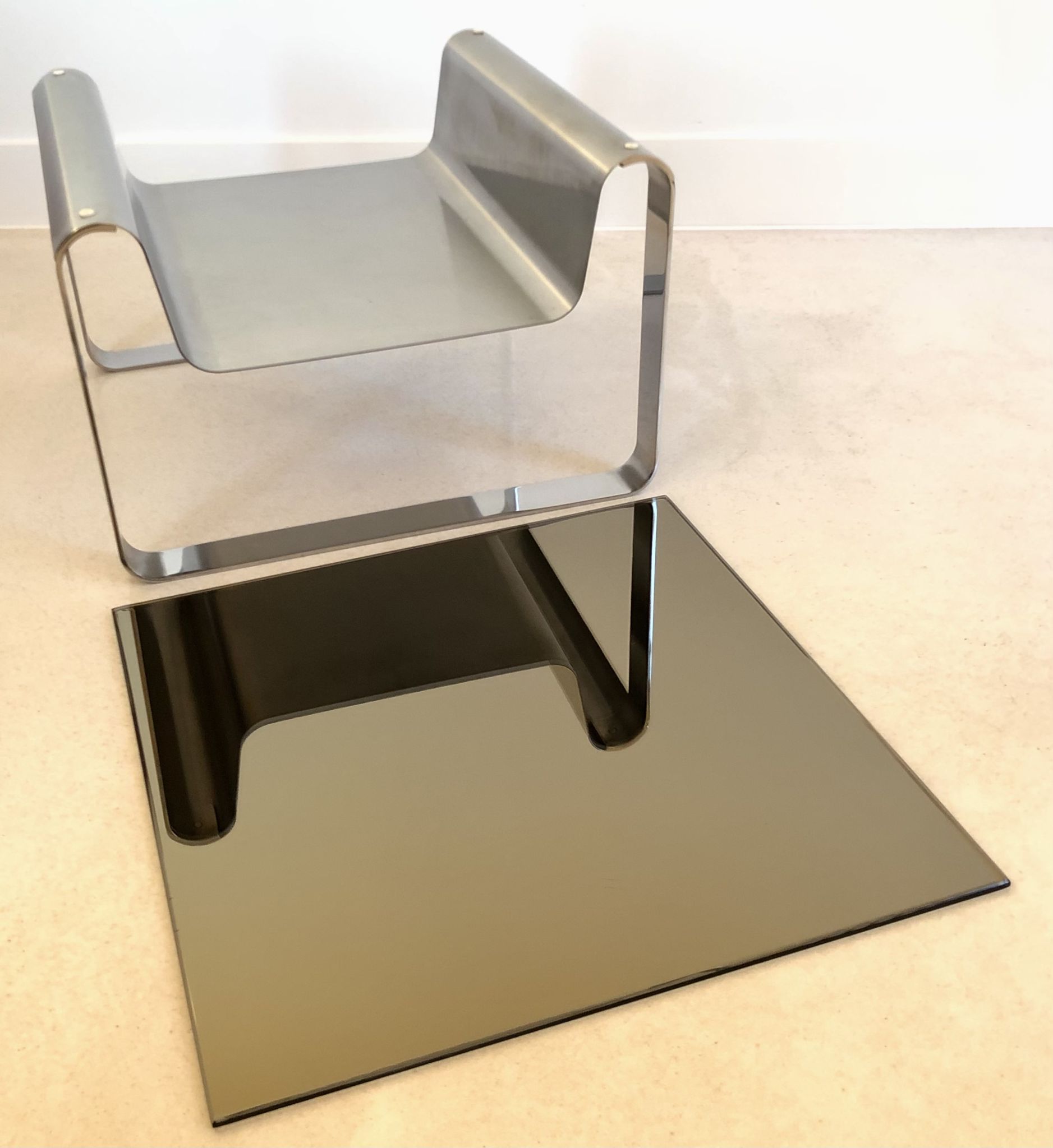 End of sofa, stainless steel magazine rack and mirror glass, France 70s