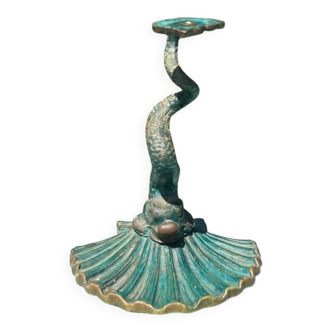 Antique candlestick base – stylised marine fish in patinated bronze