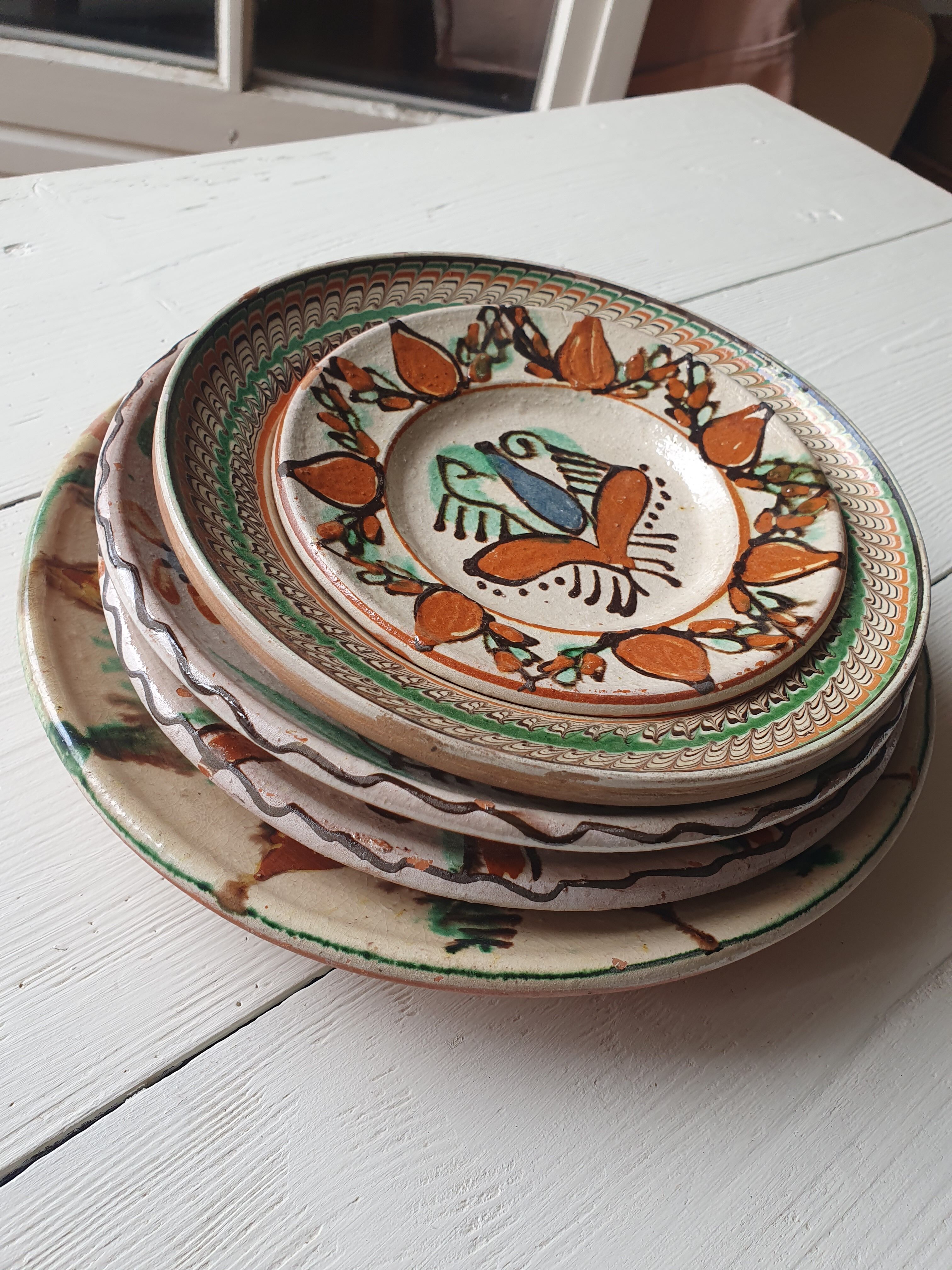 5 assiettes céramique artisanales Roumanie slave bohème oiseau table ou murales