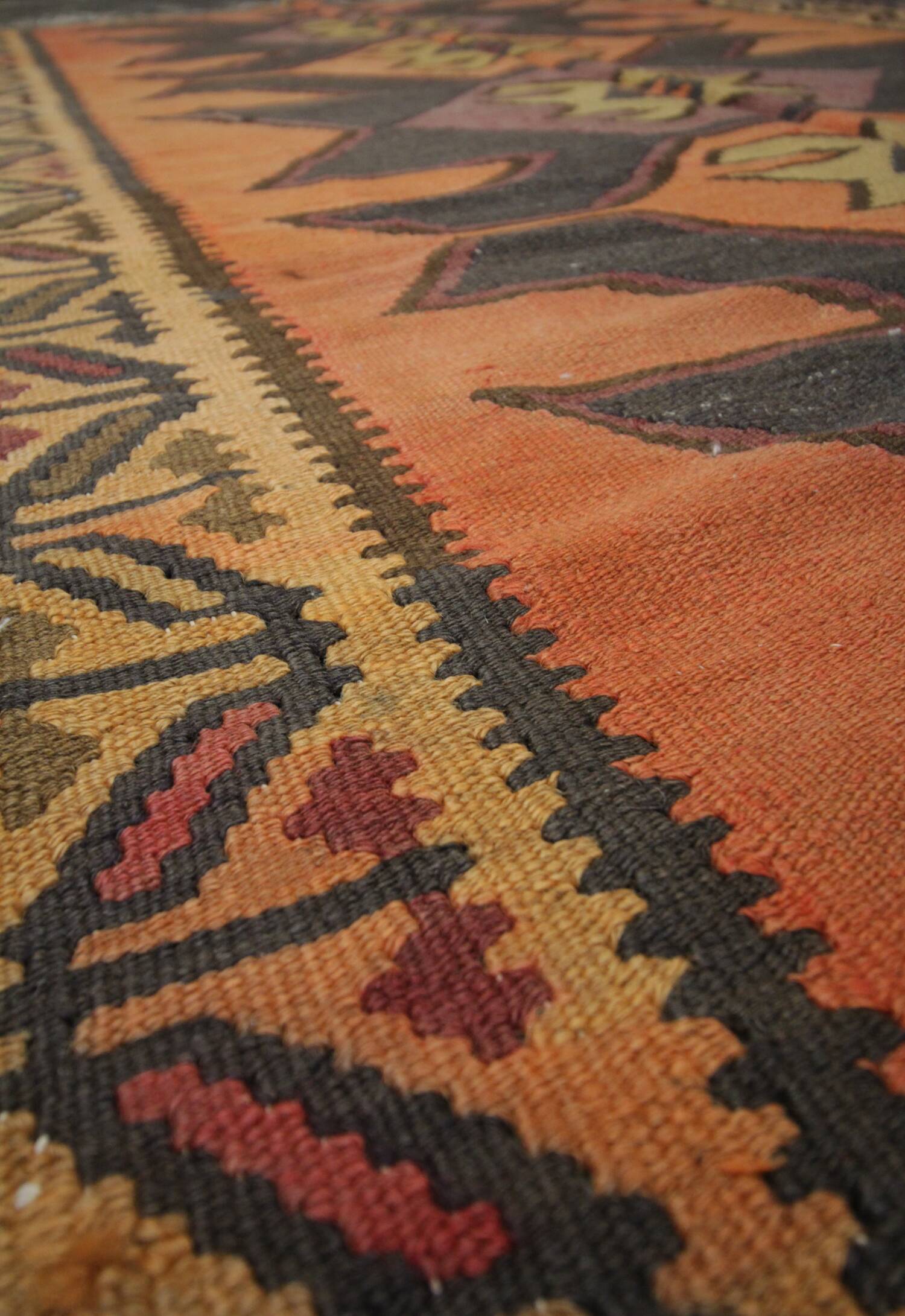 Rug & Kilim Rust Geometric Runner, Handmade Tribal Wool Flatweave, Boho Hallway Rug