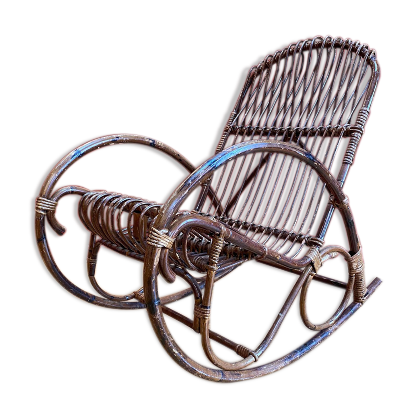 Vintage rocking chair, 60's, rattan and bamboo Rohé Noordwolde