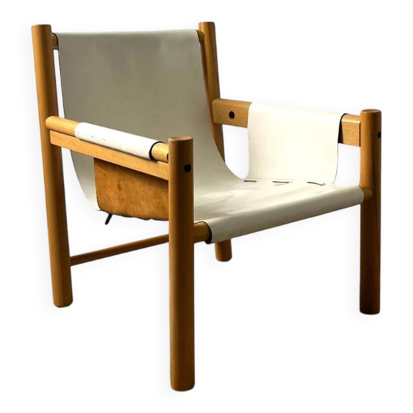 Fauteuil Safari cuir blanc par Ibisco, design italien, années 1970