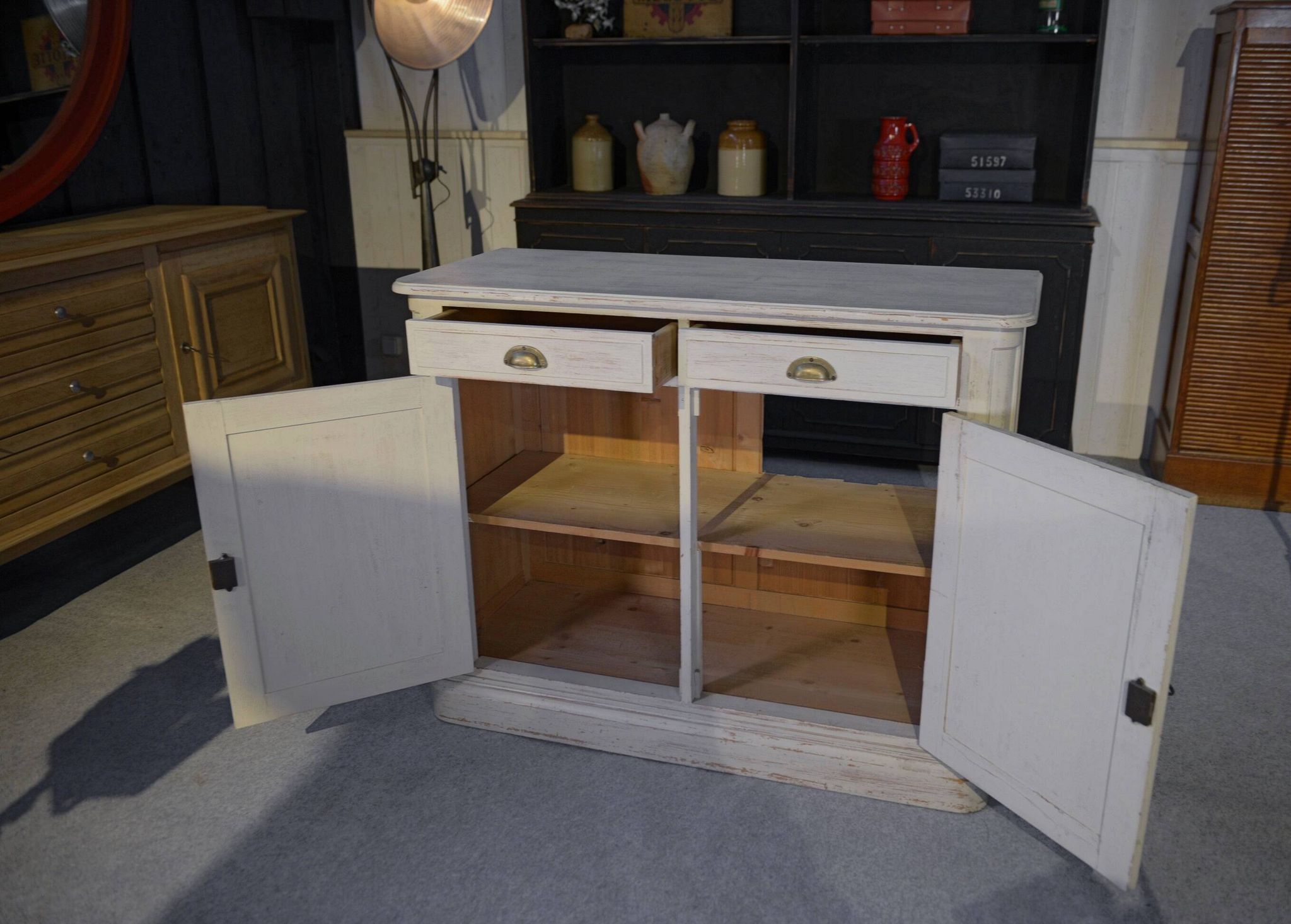 Low sideboard with 2 doors, white patina, 1960s