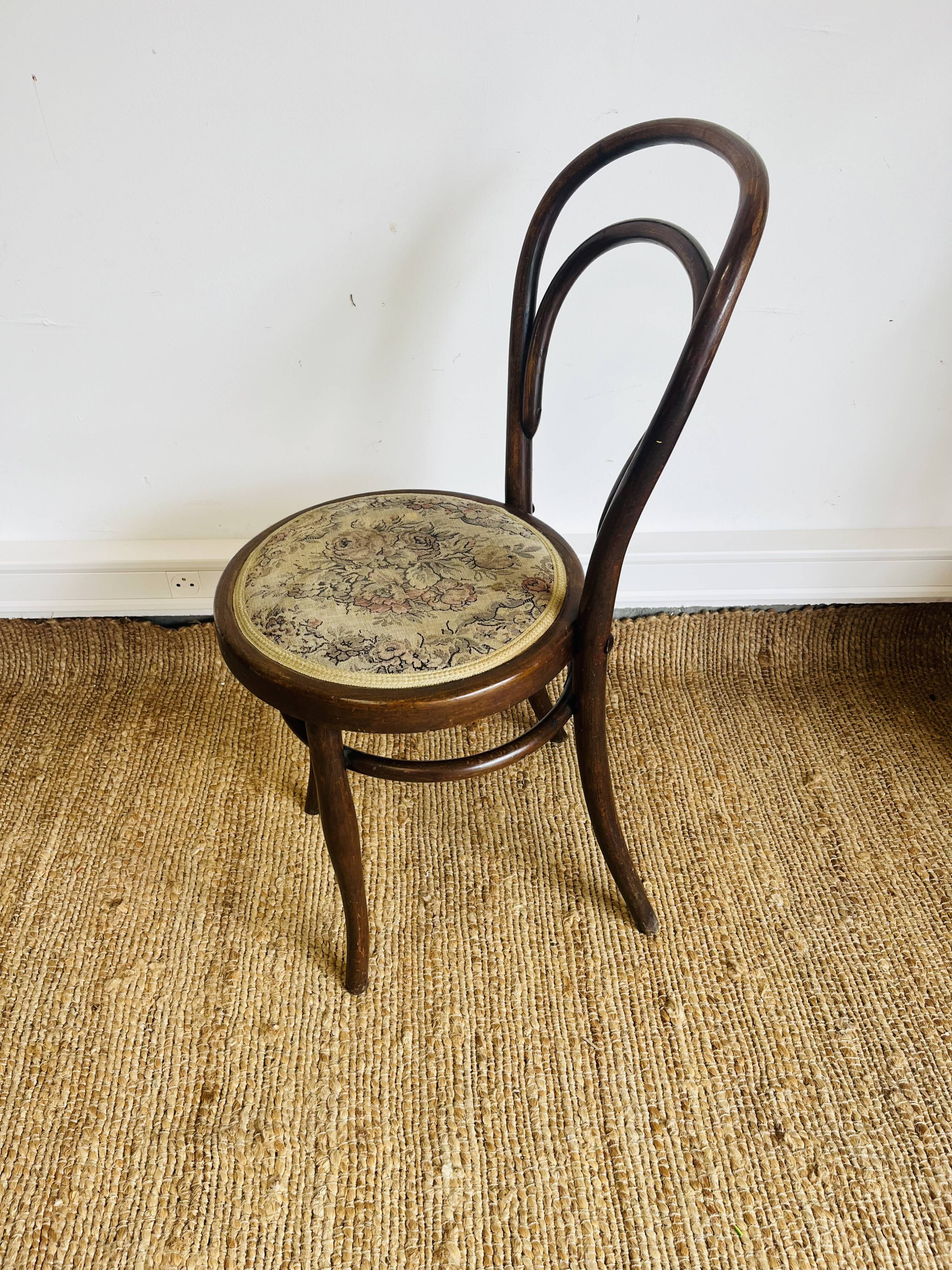 Pair of vintage bistro chairs – bentwood – floral upholstered seat