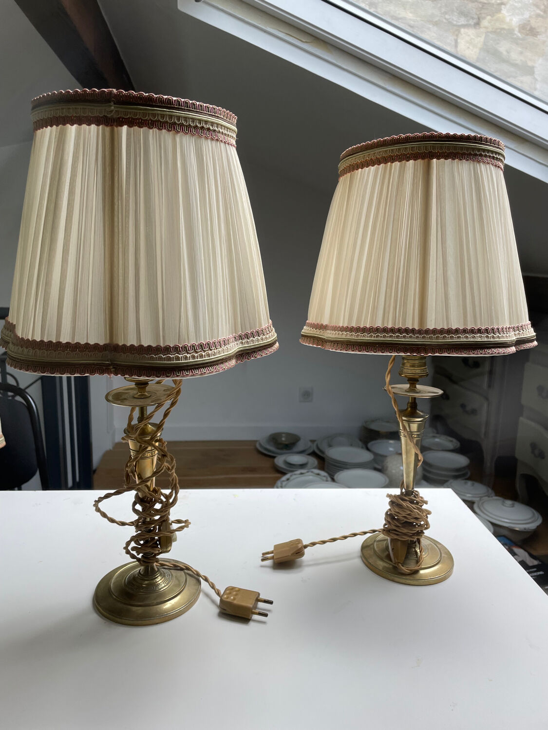 Pair of brass lamps