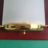 Four vintage gold wall lights with opaline globes on wooden support