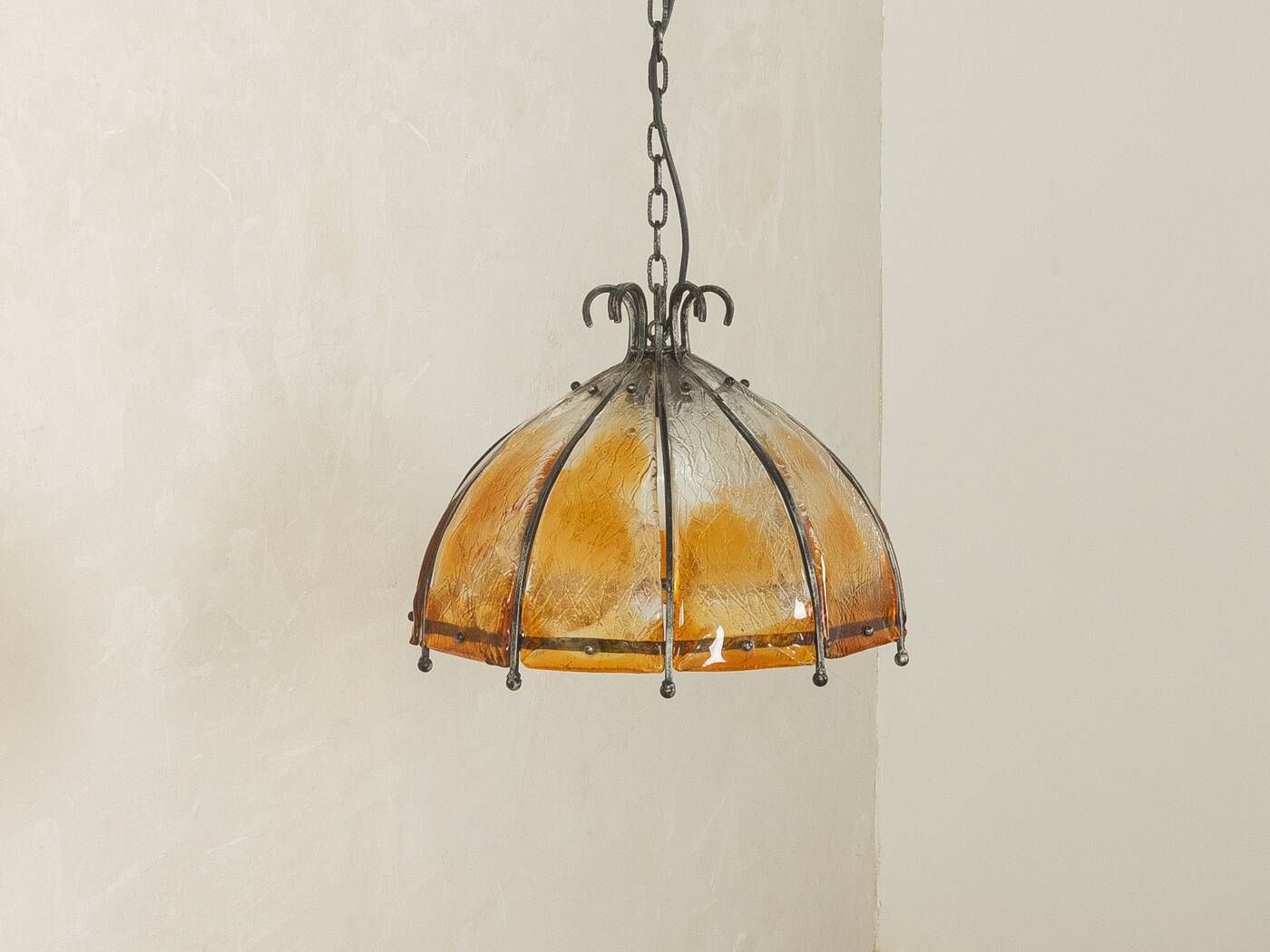Brutalist ceiling lamp from the 1970s with orange glass shade