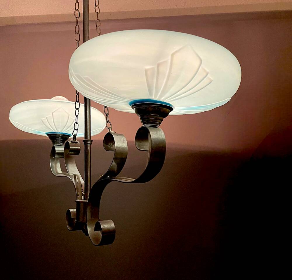 Art Deco chandelier with blue opaline glass