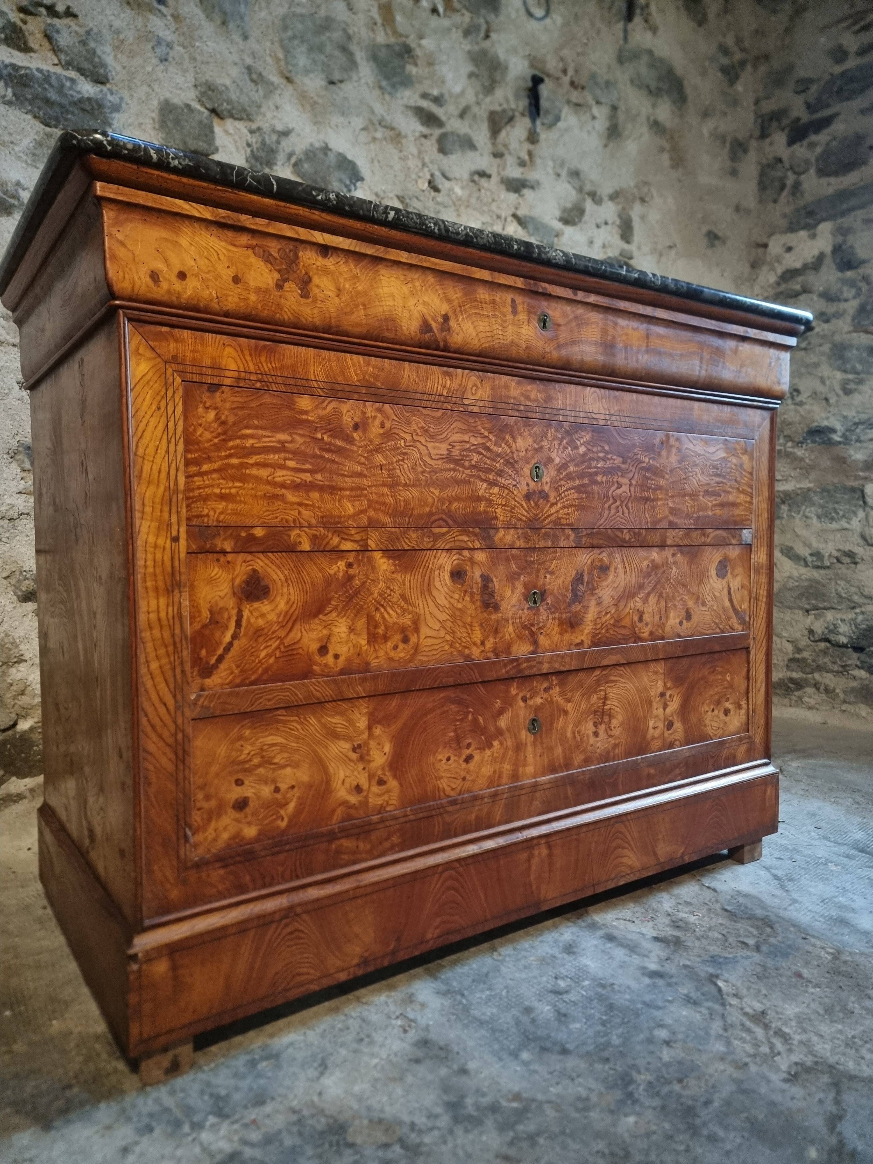 Antique French commode in elm with a marble top, 19th century (circa 1850–1880)