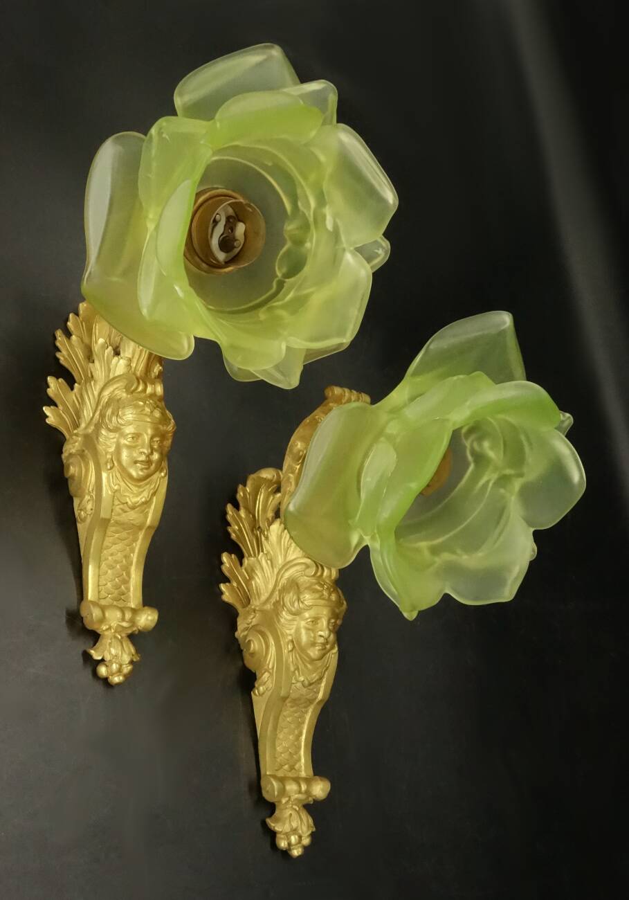 Pair of 19th century Louis XV style wall lights - bronze & green tulips