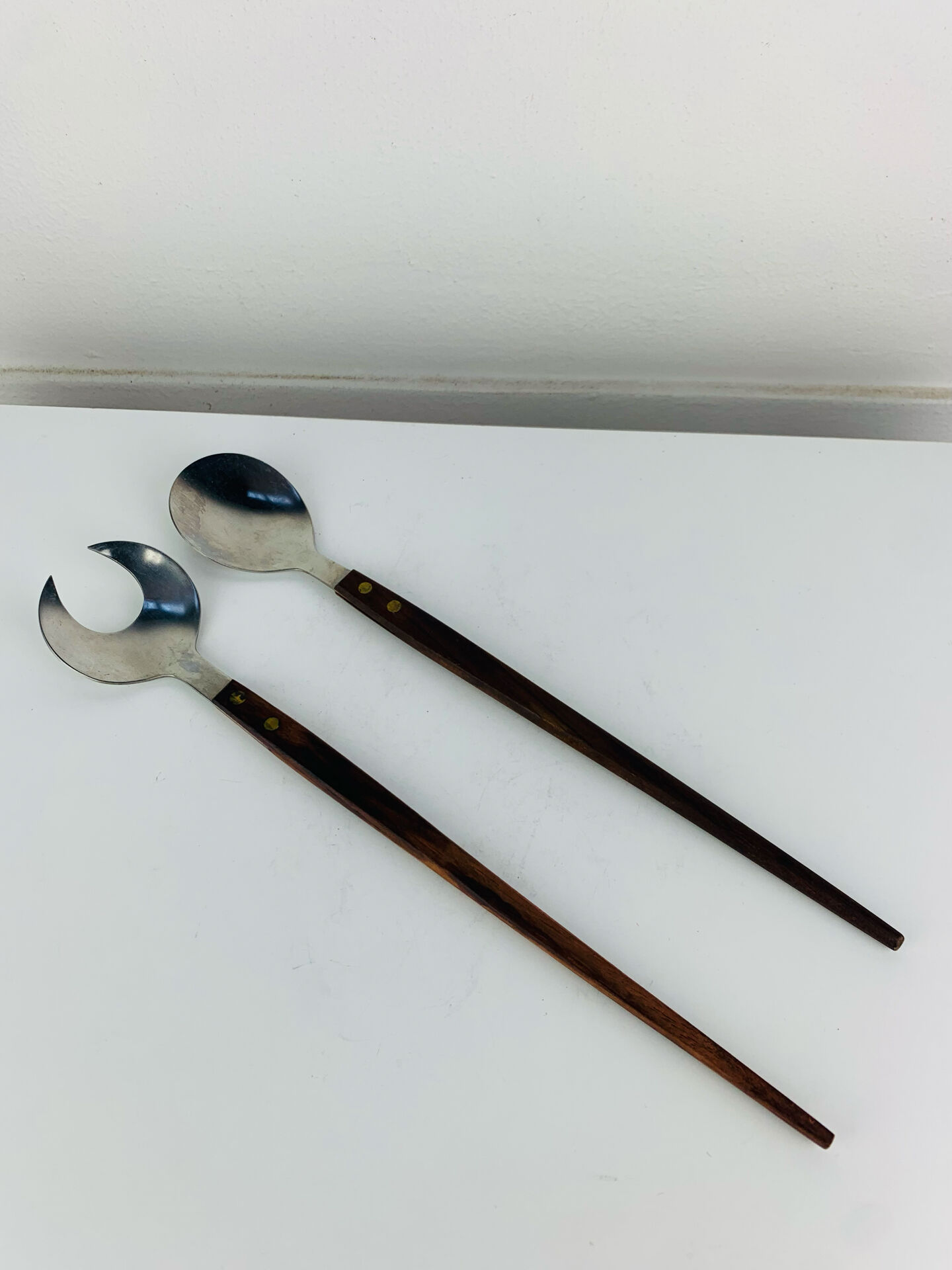Teak and stainless steel salad cutlery in Scandinavian style, 1960s.