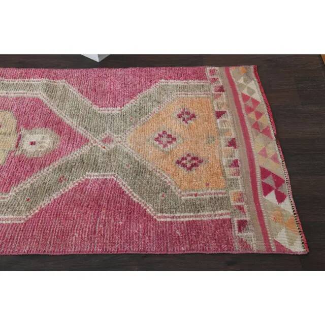 Vintage Turkish Oushak handmade wool cotton pink runner rug 85x370