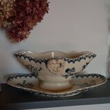 Old gravy boat on frame in terre de fer earthenware by gien, “chardons” model in blue-green