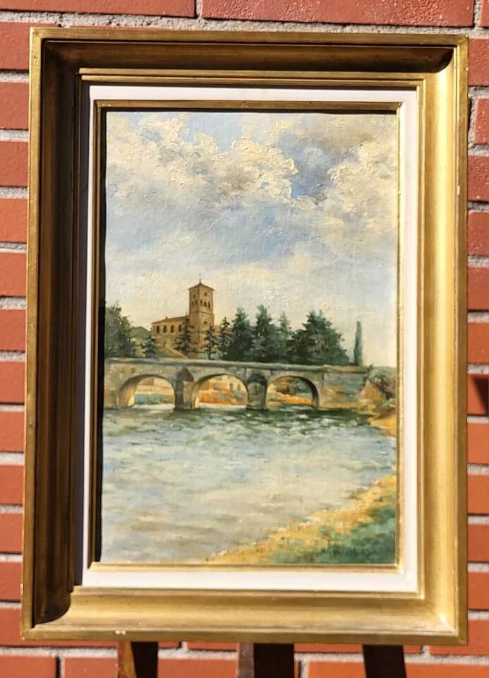 Peinture à l'huile sur toile de paysage fluvial vintage, signée