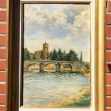 Peinture à l'huile sur toile de paysage fluvial vintage, signée
