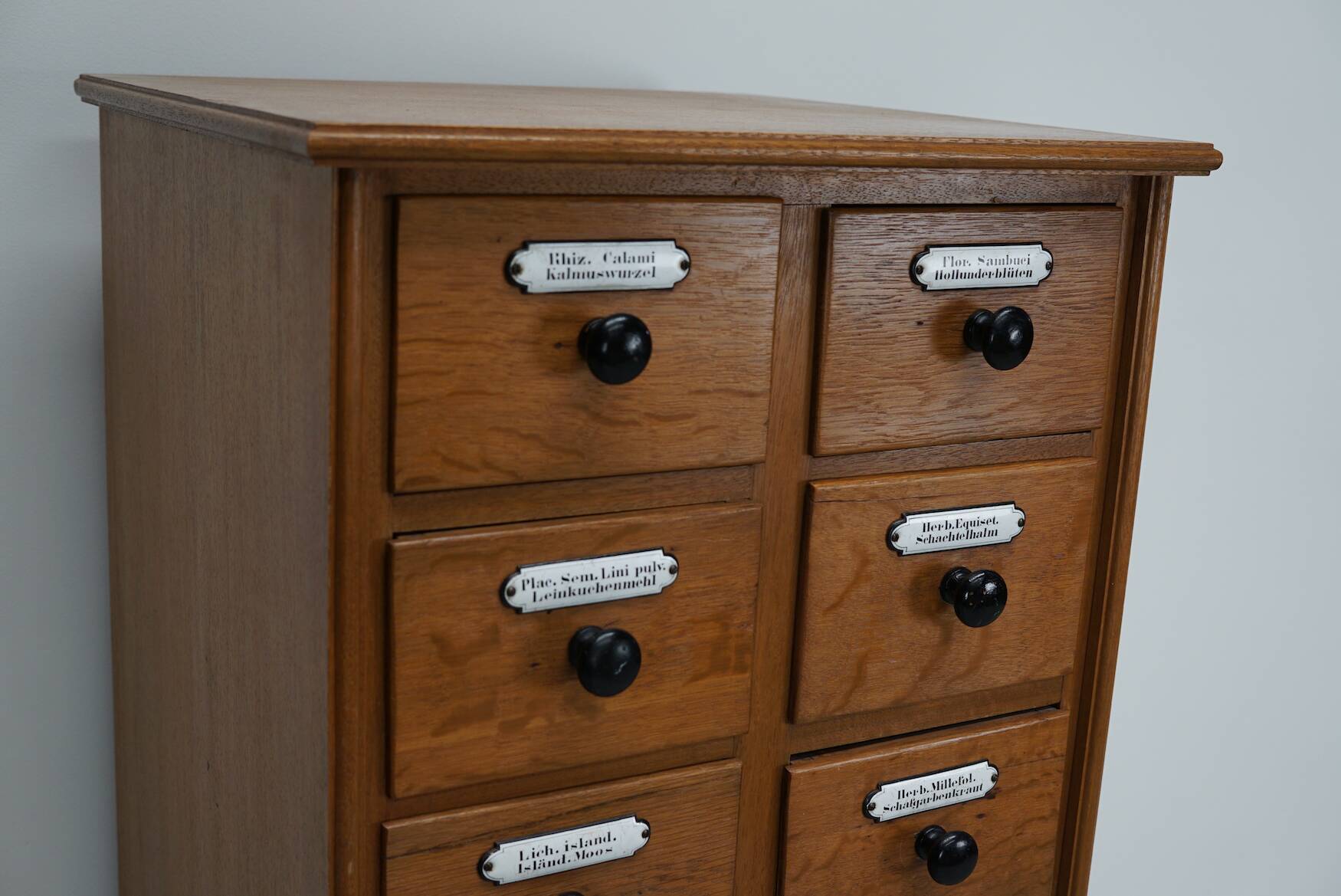 German Oak Apothecary Cabinet with Enamel Shields, 1940s
