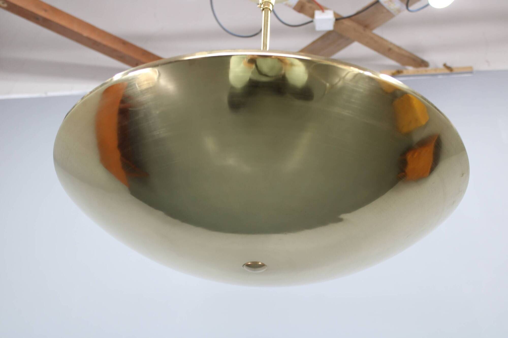 Restored Bauhaus or Art Deco brass chandelier, Czechoslovakia, circa 1930s