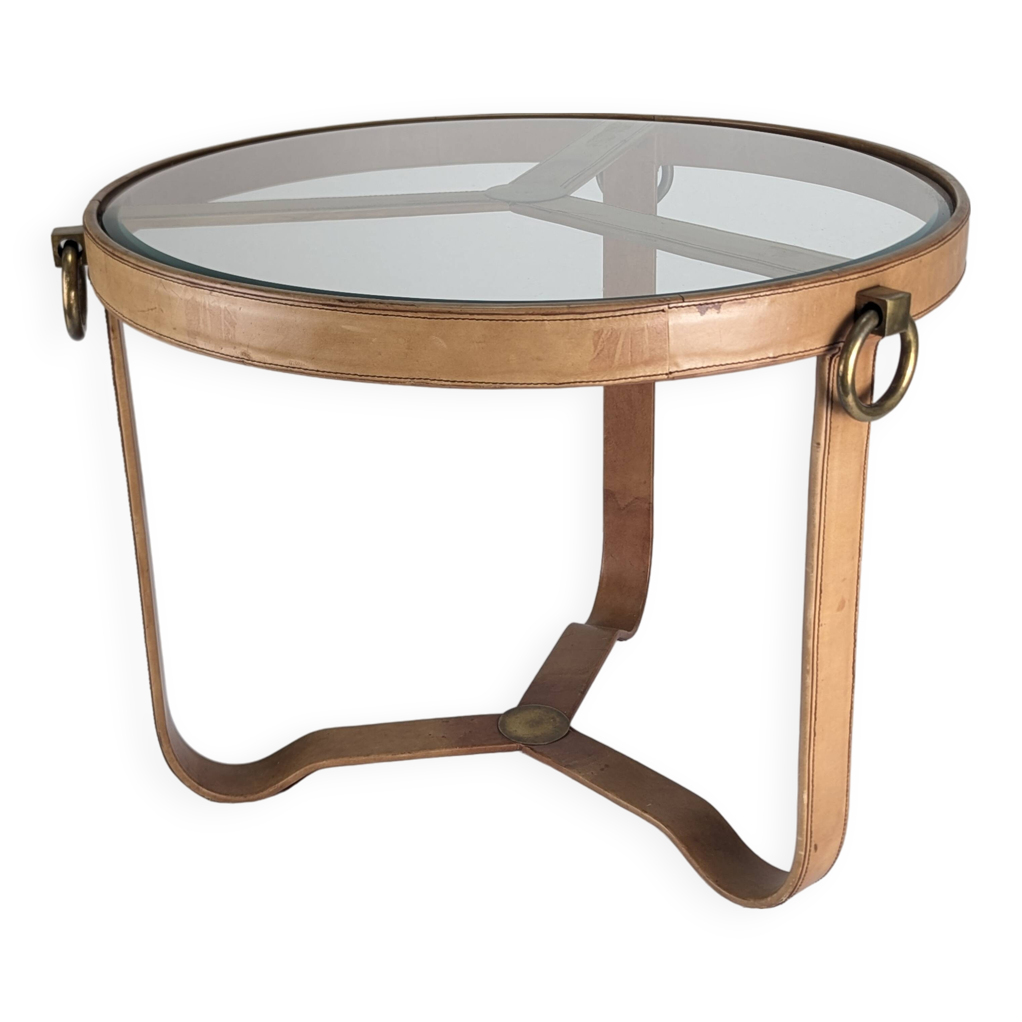 Brass and Stitched Leather Coffee Table