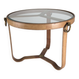Table basse en laiton et cuir surpiqué
